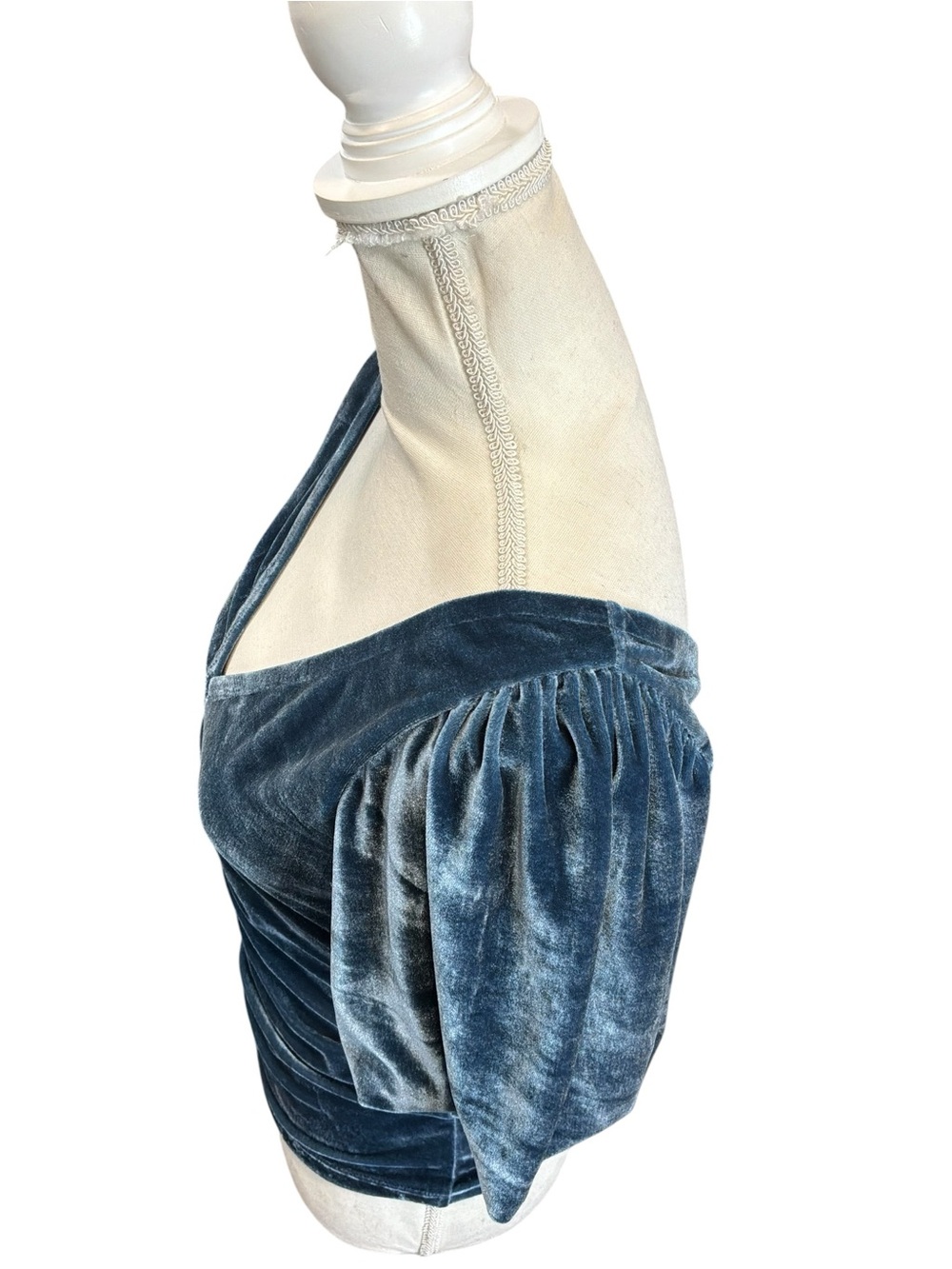 Free People Velvet Ruched Puff Sleeve V-Neck Top Blue Gray Small NWT - Picture 7 of 11